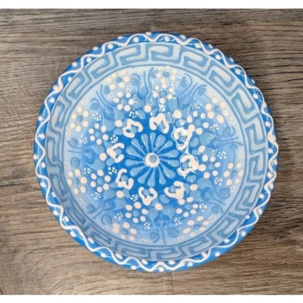 Vintage Signed Greek Studio Pottery Trinket Bowl Blue Floral Mediterranean